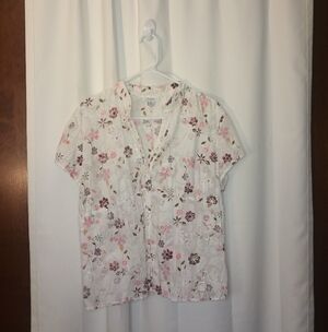Dressbarn Y2K Floral Embroidered Button Up Top XL Sheer Fairy Whimsy Bloomcore